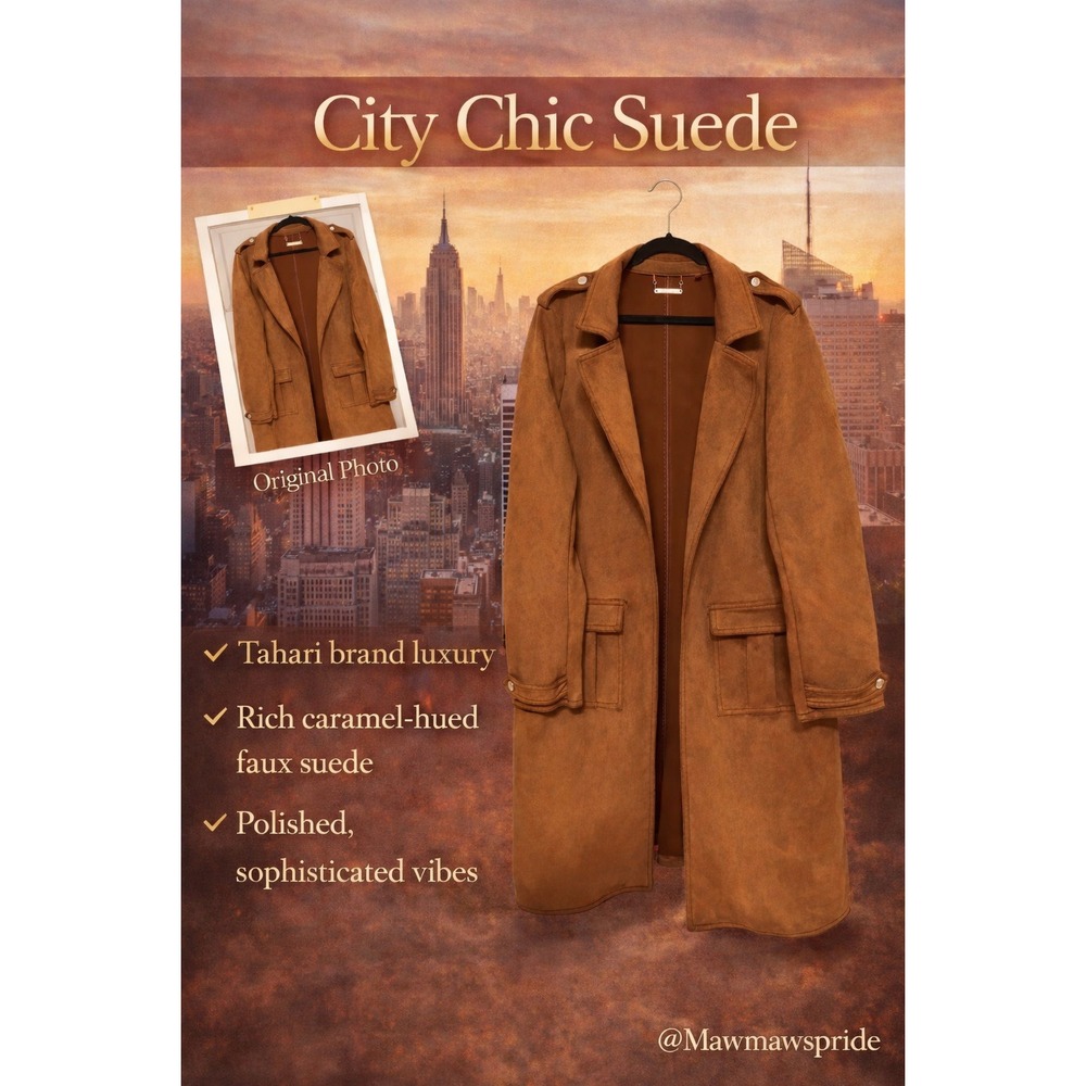 Tahari Women Caramel Faux Suede Open‎ Front Trench Coat Duster Jacket Large